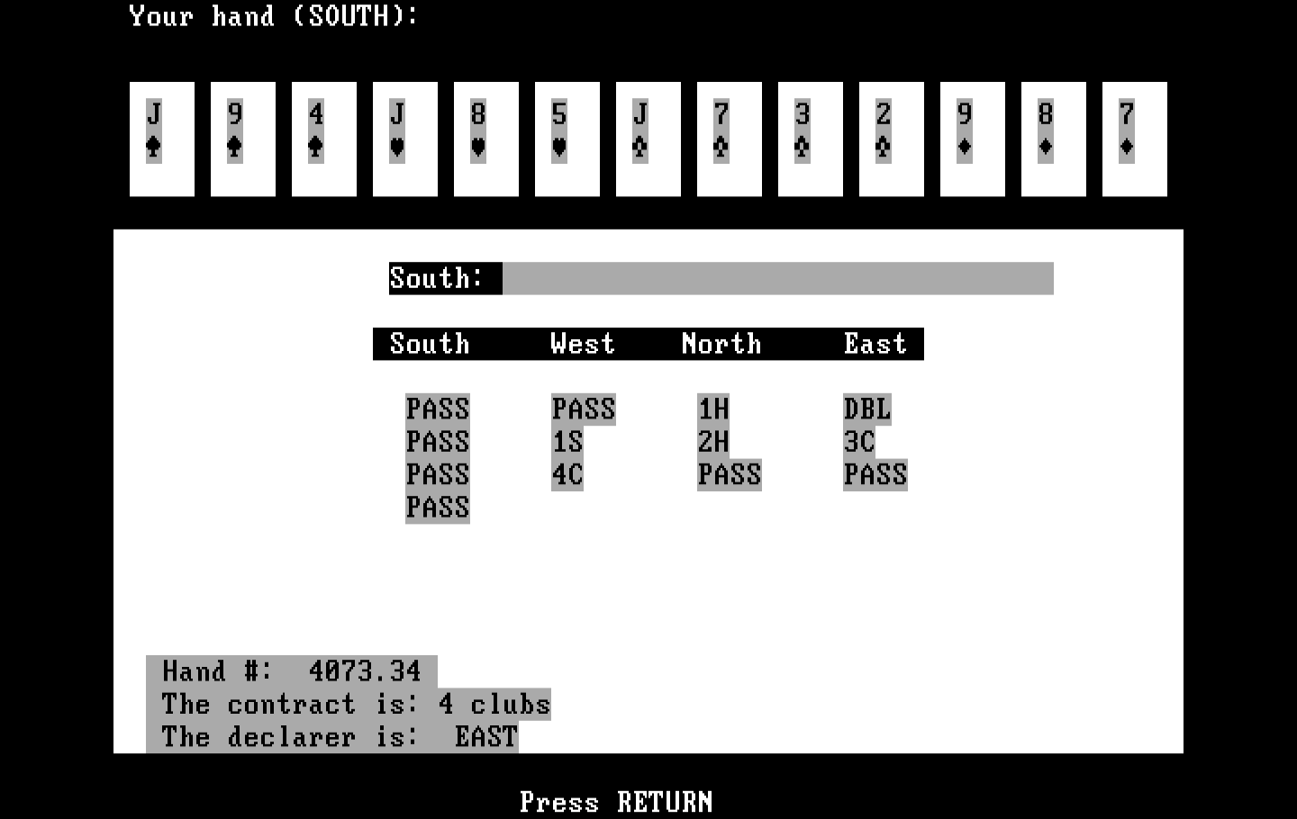 Bridge 6.0 IBM PC/Compatibles Screenshot: Press return to continue the game.