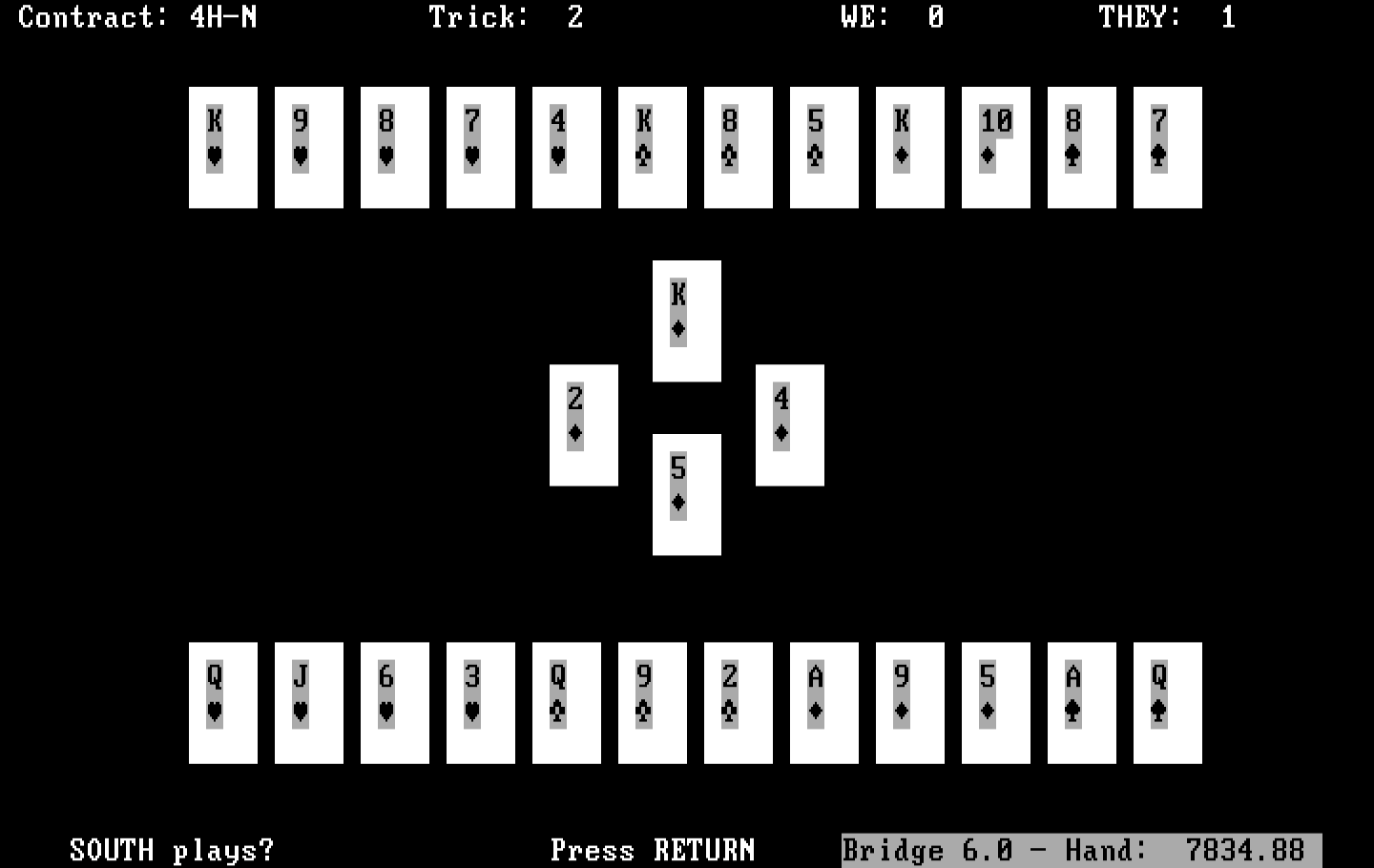 Bridge 6.0 IBM PC/Compatibles Screenshot: Hand results, press return to continue.