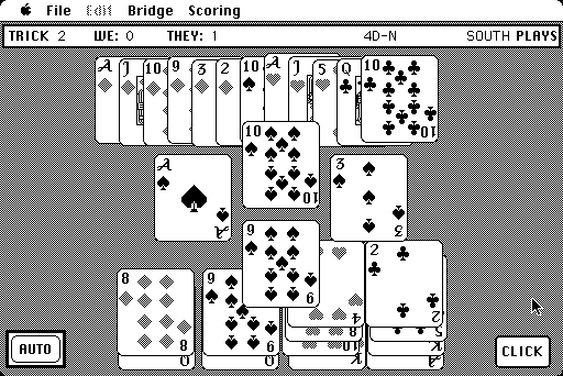 Bridge 6.0 Macintosh Screenshot: Click the box in the bottom right to continue the game...