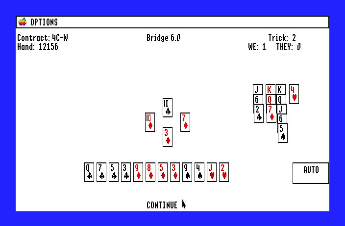 Bridge 6.0 Apple IIgs Screenshot: Click "Continue" for the next hand...
