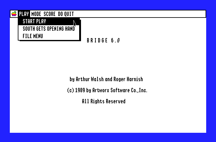 Bridge 6.0 Apple IIgs Screenshot: Viewing the play menu.