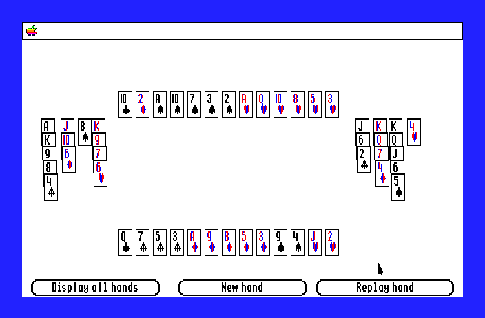 Bridge 6.0 Apple IIgs Screenshot: Displaying all hands.