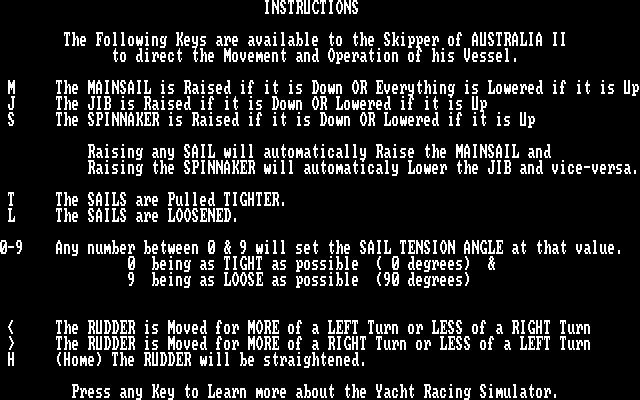 Yacht Racing Simulator IBM PC/Compatibles Screenshot: Game instructions.