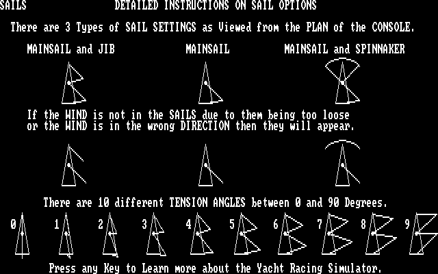 Yacht Racing Simulator IBM PC/Compatibles Screenshot: Detailed instructions on sail options.