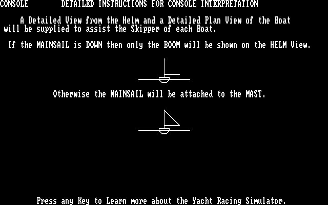 Yacht Racing Simulator IBM PC/Compatibles Screenshot: Detailed instructions for console interpretation.