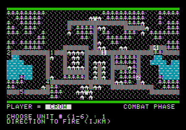 The Plains of Salisbury Apple II Screenshot: Combat phase; choose a direction to fire arrows.
