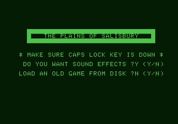 The Plains of Salisbury Apple II Screenshot: Title screen and game options.