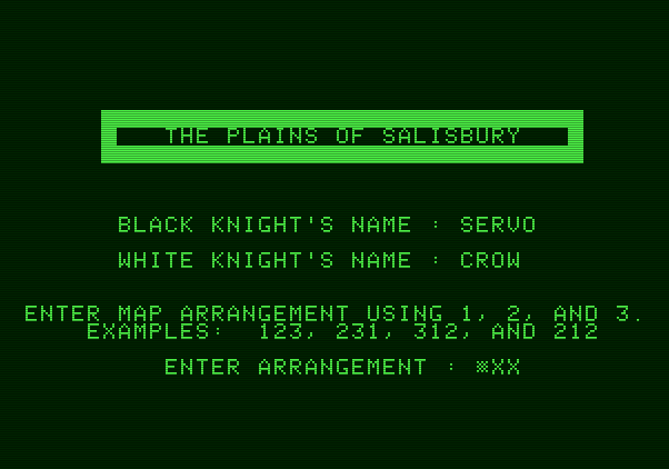 The Plains of Salisbury Apple II Screenshot: Choosing a few game settings.