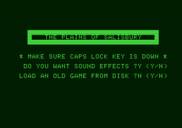 The Plains of Salisbury for Apple II - Title screen and game options.