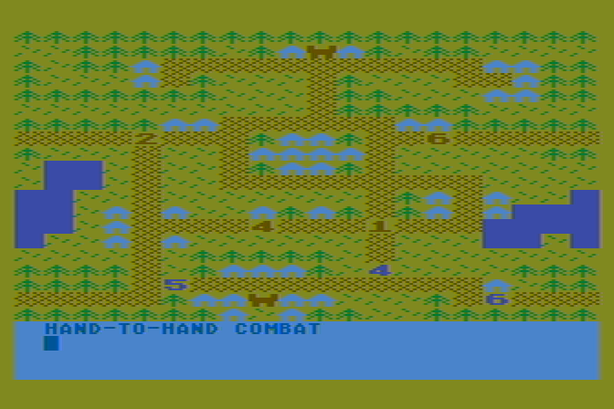 The Plains of Salisbury Atari 8-bit Screenshot: It's hand-to-hand combat time!