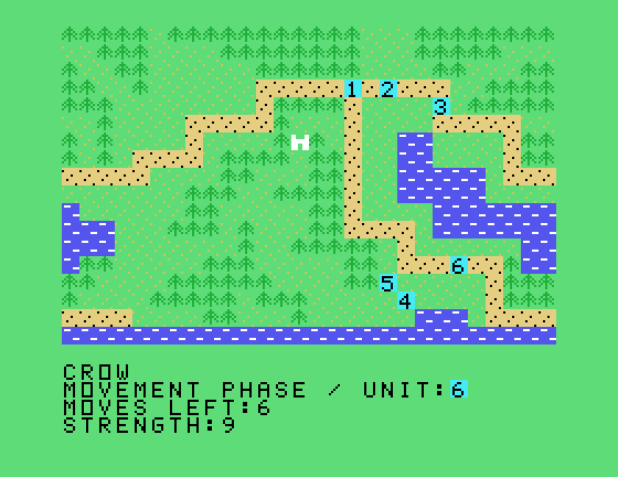 The Plains of Salisbury TI-99/4A Screenshot: Movement phase; moving knights into position...