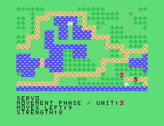 The Plains of Salisbury TI-99/4A Screenshot: Most units are already onto another screen, just unit 3 and 5 need to be moved here...