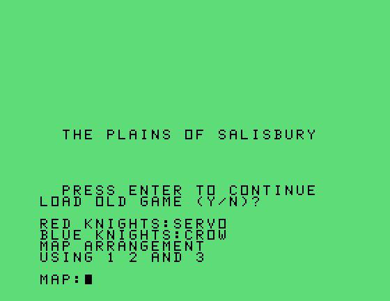 The Plains of Salisbury TI-99/4A Screenshot: Setting up options for a new game.