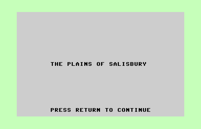 The Plains of Salisbury Commodore 64 Screenshot: Title screen.