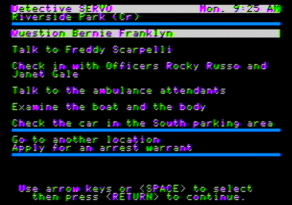 Police Blotter Apple II Screenshot: Select your next move...