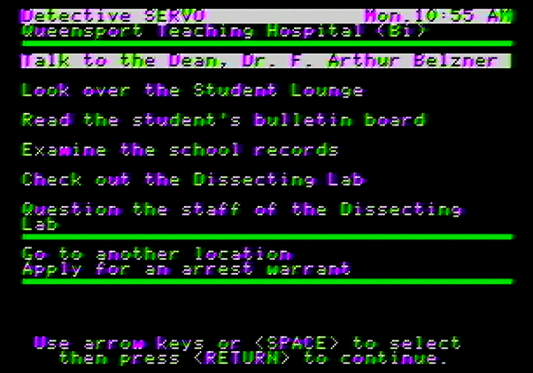Police Blotter Apple II Screenshot: Choosing my next move...