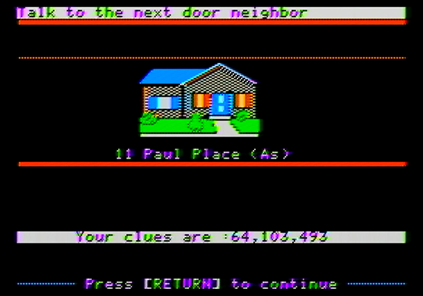 Police Blotter Apple II Screenshot: Should I talk to the next door neighbor?