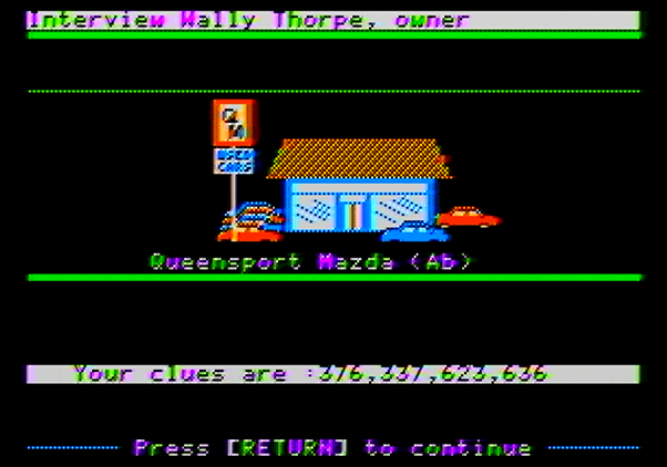 Police Blotter Apple II Screenshot: Interviewing the owner of a shop...