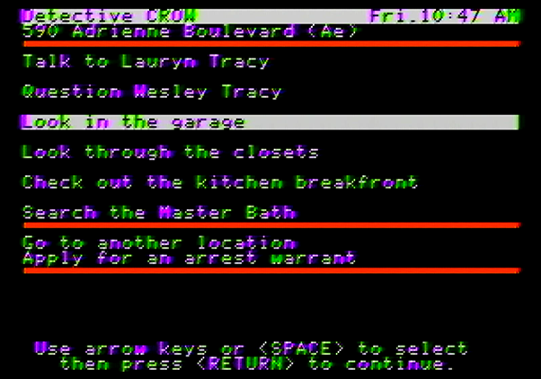 Police Blotter Apple II Screenshot: Choose your next move...