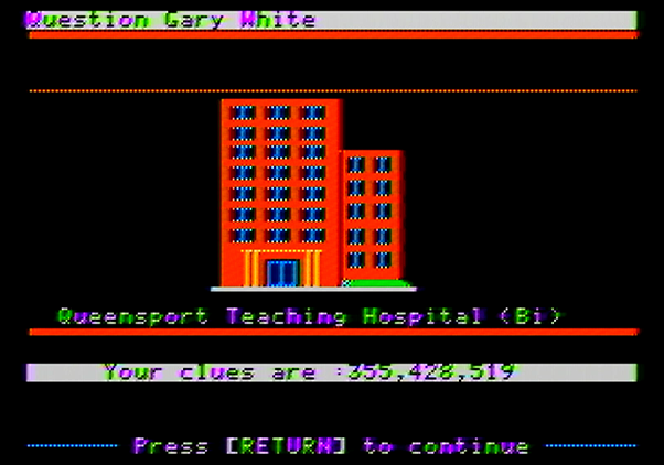 Police Blotter Apple II Screenshot: More clues; I need to lookup each one individually...