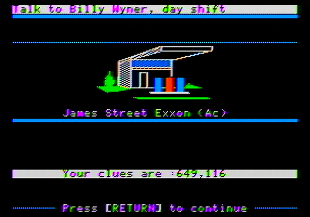 Police Blotter Apple II Screenshot: Searching the James Street Exxon...