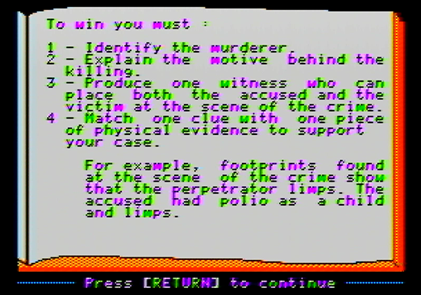 Police Blotter Apple II Screenshot: The conditions for winning the game...