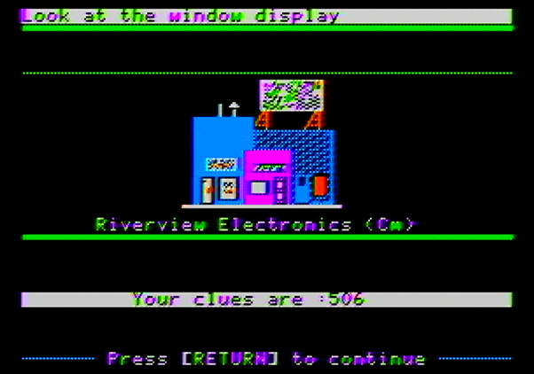 Police Blotter Apple II Screenshot: Visiting an electronics store...