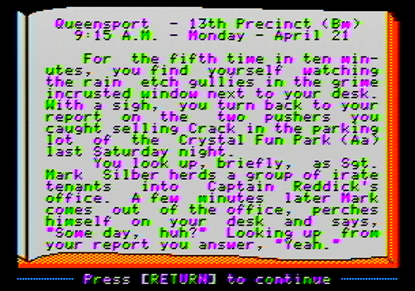 Police Blotter Apple II Screenshot: The story so far...(the first page of many).