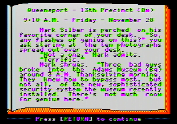 Police Blotter Apple II Screenshot: The story for this case...