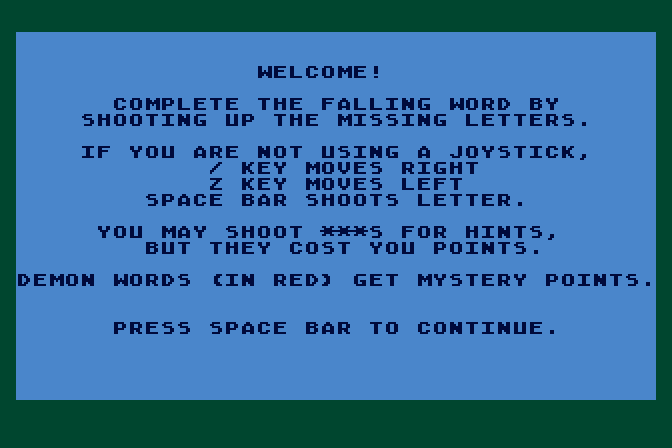 Webster: The Word Game Atari 8-bit Screenshot: Welcome to the game!