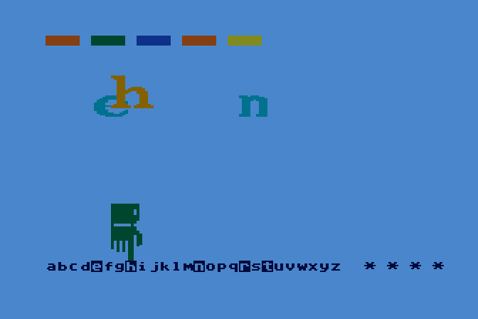 Webster: The Word Game Atari 8-bit Screenshot: This word does not have the letter "h", so it flies off the screen...