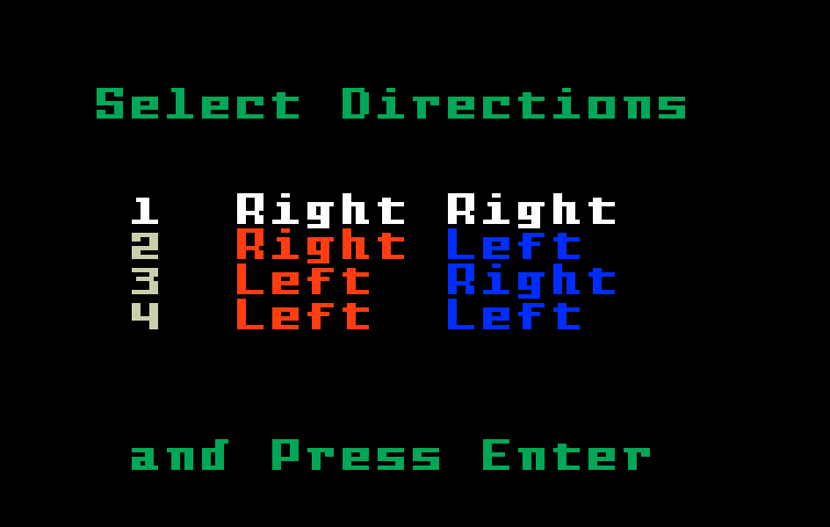 Stadium Mud Buggies Intellivision Screenshot: Controller setup menu.