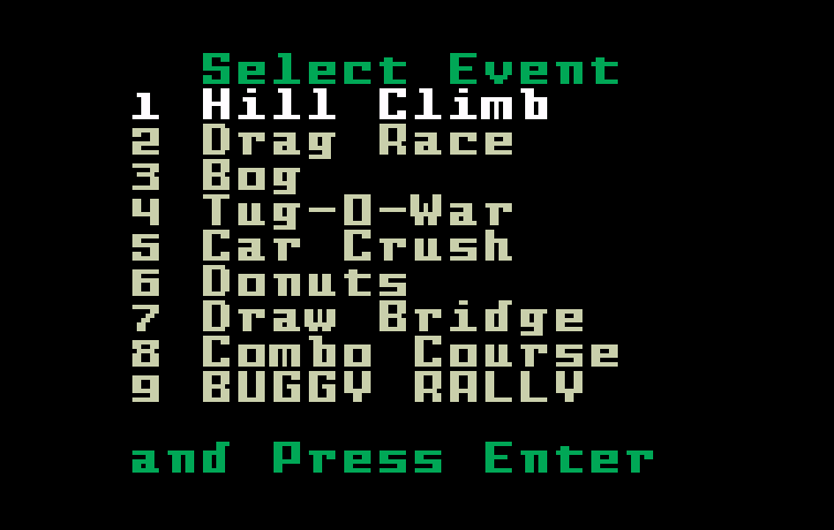 Stadium Mud Buggies Intellivision Screenshot: Event menu.