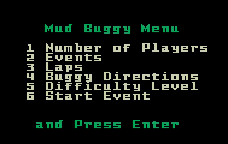 Stadium Mud Buggies Intellivision Screenshot: Main menu.