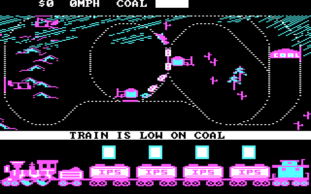 Trains IBM PC/Compatibles Screenshot: Train is low on coal!