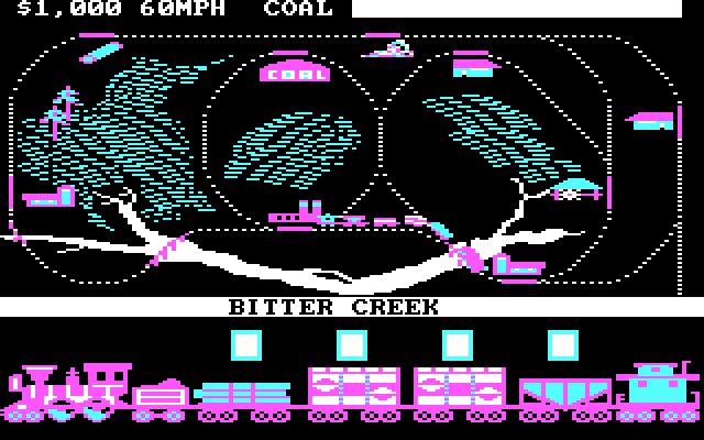 Trains IBM PC/Compatibles Screenshot: Driving the train at Bitter Creek.