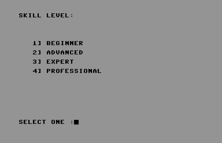 Evacu-Pod Commodore 64 Screenshot: Select a skill level.