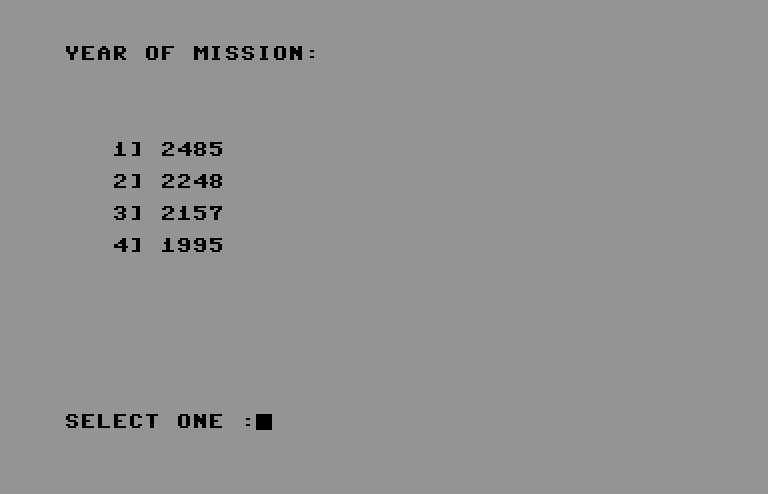 Evacu-Pod Commodore 64 Screenshot: The year of the mission can also affect the difficulty.