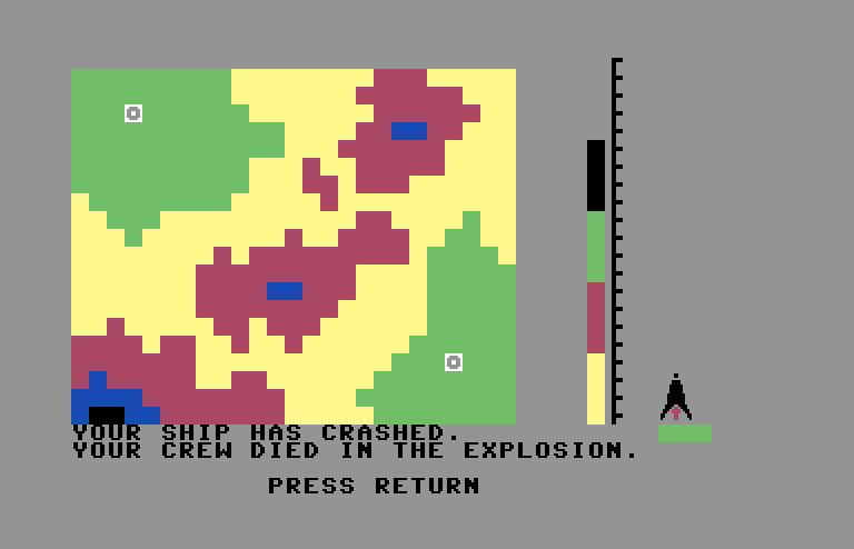 Evacu-Pod Commodore 64 Screenshot: Oops, my ship crashed!