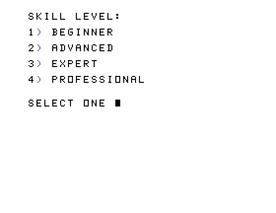 Evacu-Pod TI-99/4A Screenshot: Select a skill level.