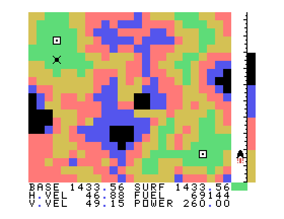Evacu-Pod TI-99/4A Screenshot: Black terrain is the most difficult and requires the most height.