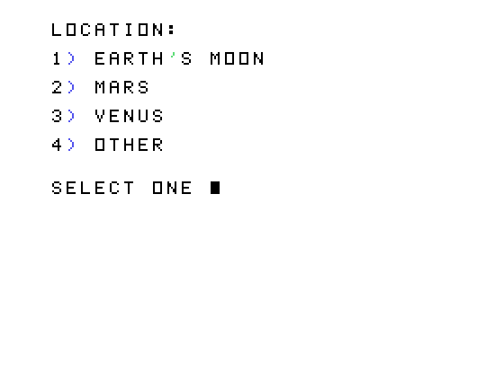 Evacu-Pod TI-99/4A Screenshot: Select a location.