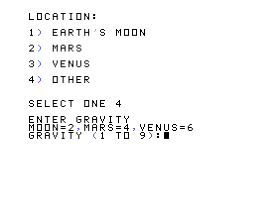 Evacu-Pod TI-99/4A Screenshot: When selecting a location you can also set custom values.