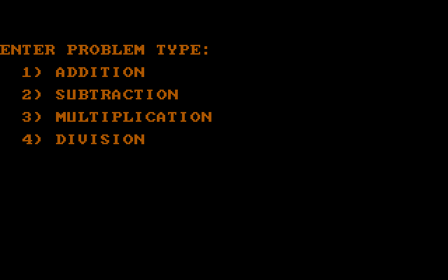 Laserithmetic IBM PC/Compatibles Screenshot: Select a problem type.