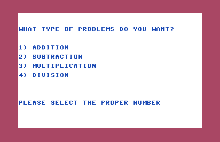Laserithmetic Commodore 64 Screenshot: What type of problem do you want?