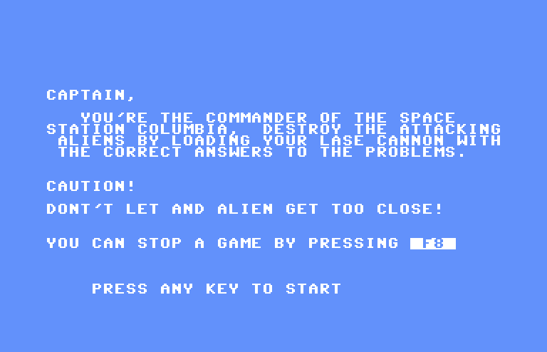 Laserithmetic Commodore 64 Screenshot: Game instructions.