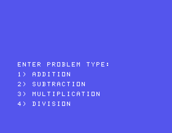 Laserithmetic TI-99/4A Screenshot: Select a problem type.