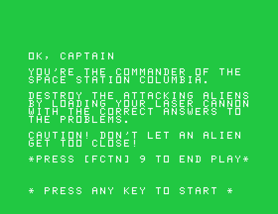 Laserithmetic TI-99/4A Screenshot: OK, captain...here's your orders...