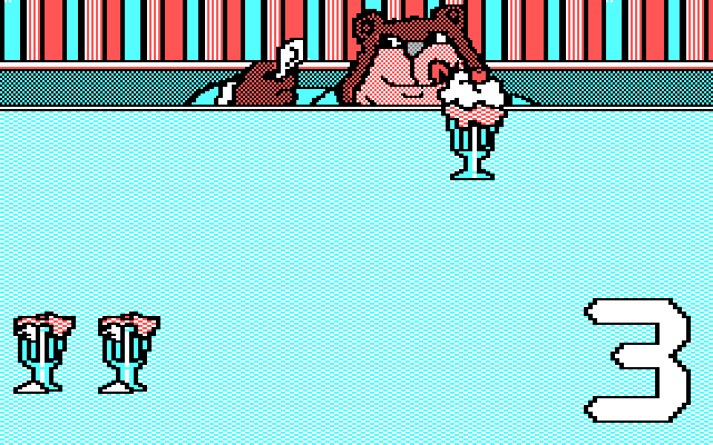 Stickybear Numbers IBM PC/Compatibles Screenshot: Stickybear eats three ice creams.
