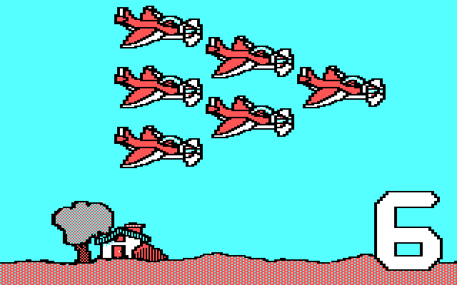 Stickybear Numbers IBM PC/Compatibles Screenshot: Six airplanes appear...